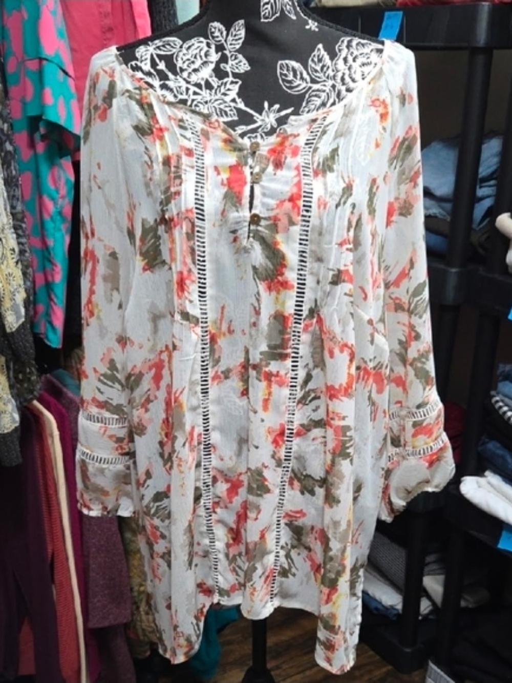 Catherines White Floral Crochet-Trim Tunic with Coral & Olive Accents